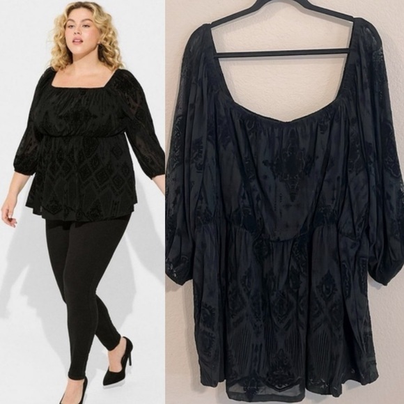 Torrid Black Whimsigoth Lace Flocked Mesh Square Neck Puff Sleeve Peasant Top - Picture 1 of 17